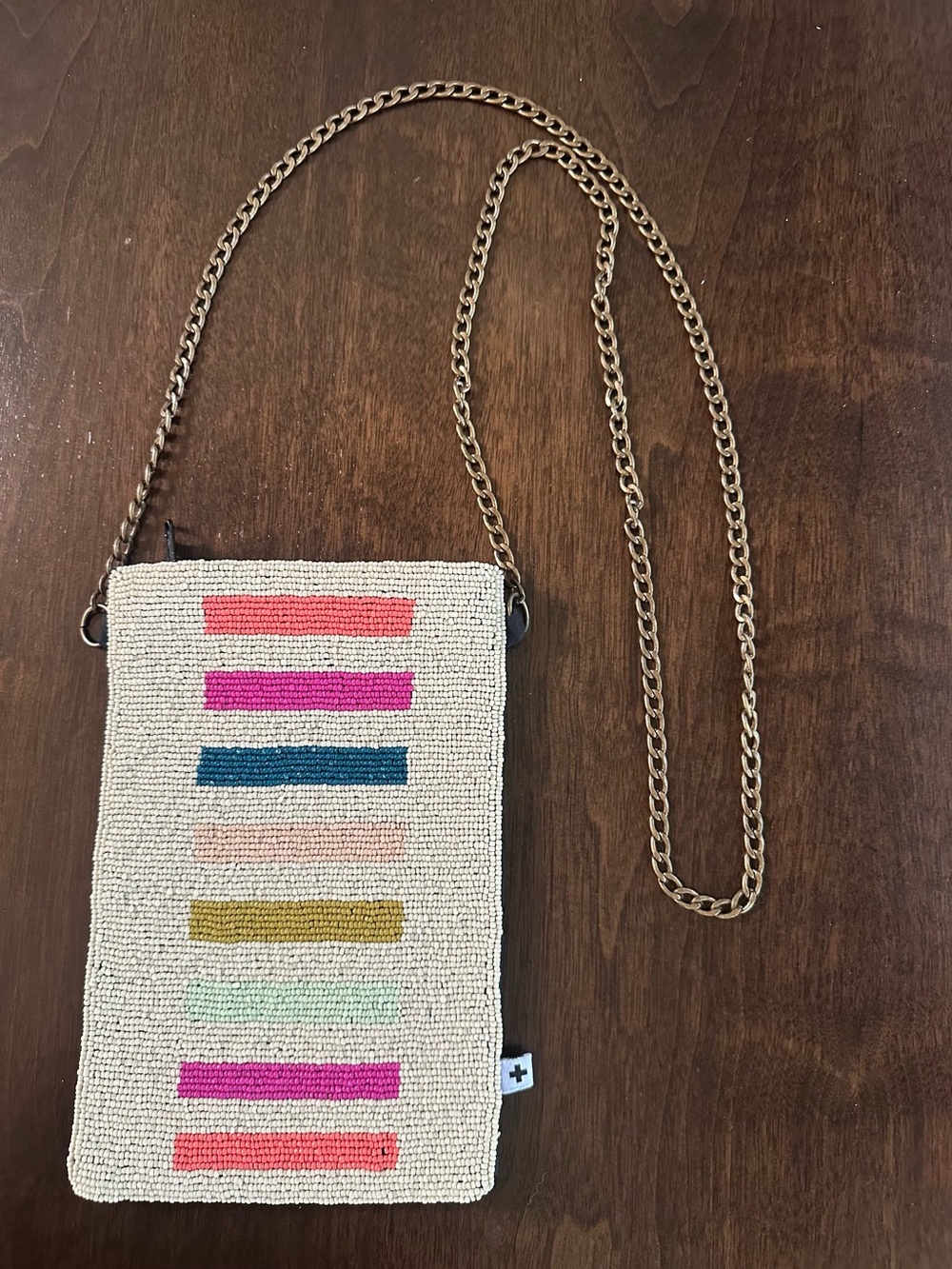 Ink + Alloy Beaded Crossbody Bag Cream with Multicolor Stripes & Chain Strap EUC